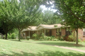 Shows a front yard and entrance to a brick row house, contains multiple trees in the front yard