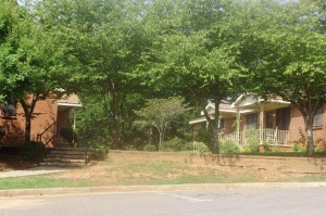SHows the front yard of a multiple entrance brick row house. Also shows several trees and bushes in the yard